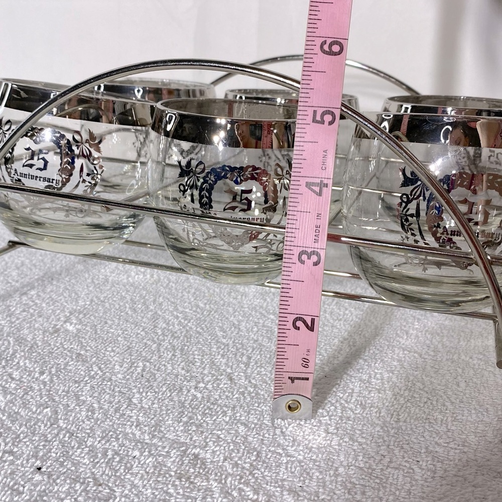 Vintage MCM 25th Anniversary Roly Poly Glasses W Silver Rim & Chrome Caddy - Picture 8 of 12